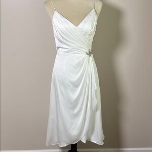 DB STUDIO Ruched Charmeuse Sheath Dress with Brooch Faux Wrap Skirt White Size 2